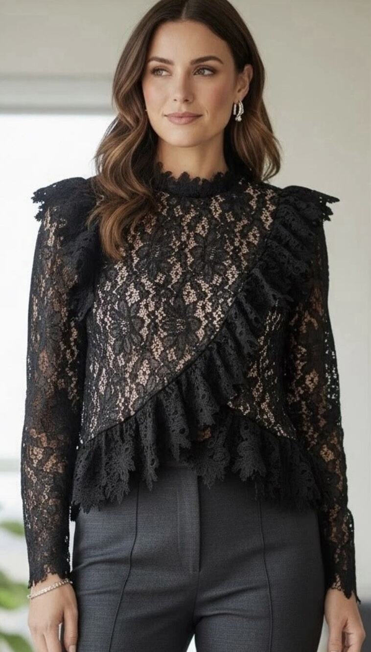 Saylor Floral Lace Blouse Long Sleeve Small Black Faux Wrap Lined Boho Goth
